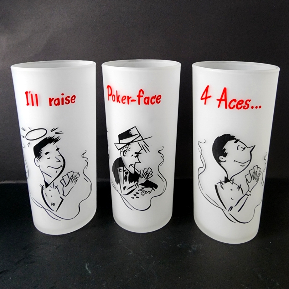 Federal Glass GAY FAD Poker Game Frosted Tumblers with Red Text and Black Images
